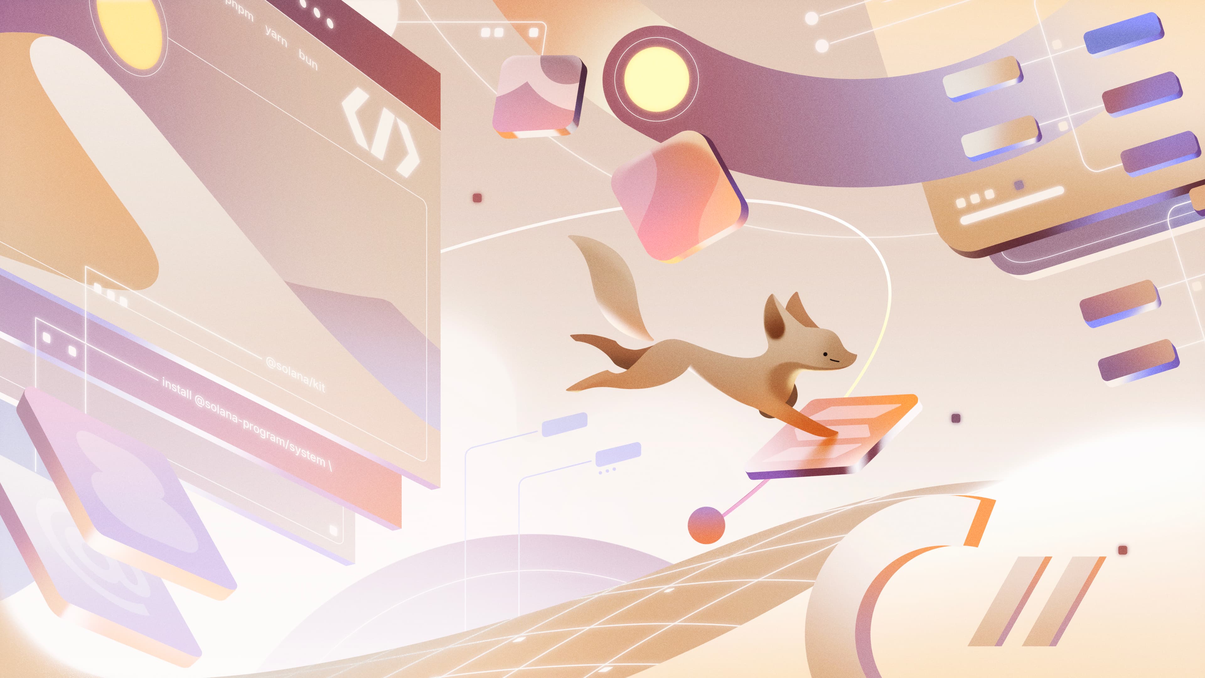 Home illustration for the Kit library. A cute fox jumps towards a UI element with the Solana logo on it. It is surrounded by other UI elements such as buttons, sliders, browser windows and diagrams.